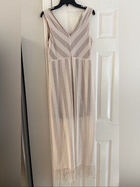 Emma & Michele V-neck Crochet Overlay Maxi Sleeveless  Dress With Fringes.